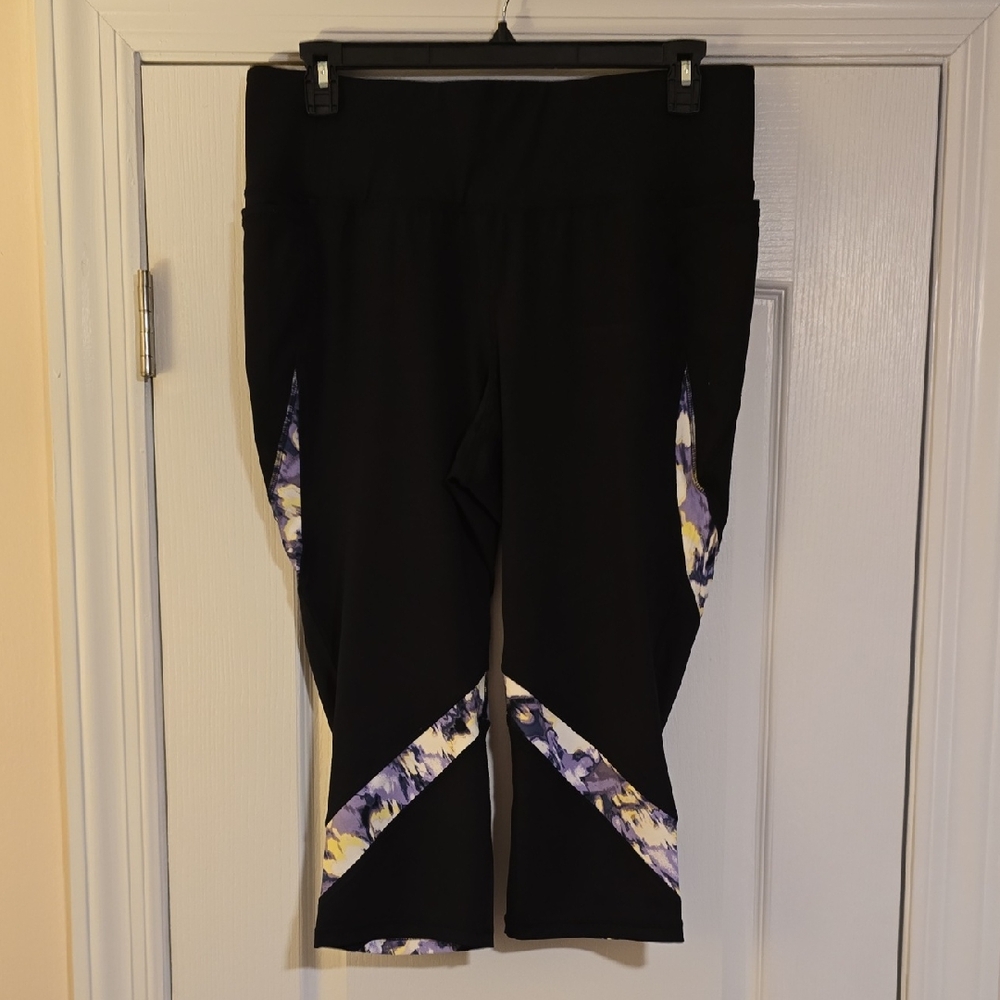 Livi Black Wicking Capri Leggings With Purple And Yellow Stipes